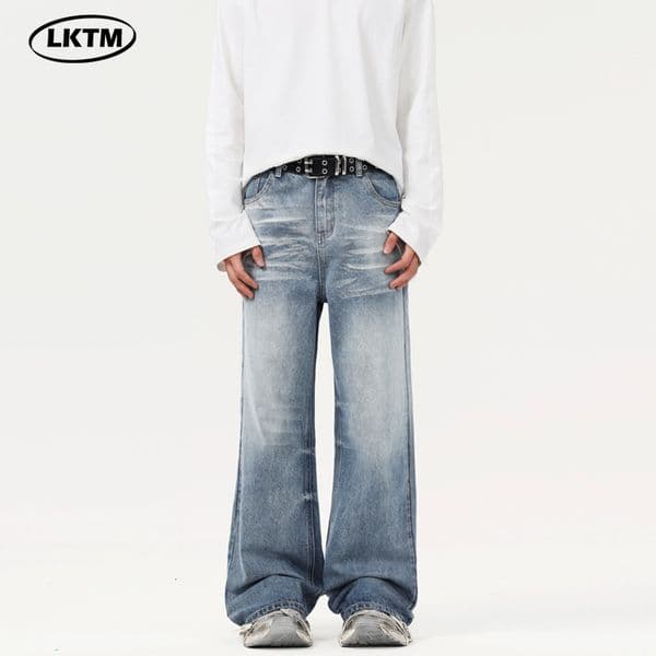 American Washed Cat Beard Vintage Light Blue Micro La Jean Men's and Women's Loose Floor length Pants