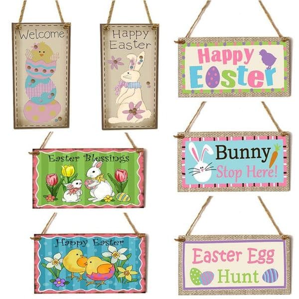 20x10cm/7.9*3.9inch Easter Decoration Home Wooden Hanging Pendants Rabbit Egg Sign Plaque Ornament Happy Easter Party Wall Door Decorations HY0233
