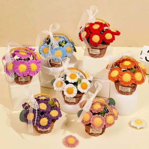 Handcrafted Crochet Sunflower Flower Basket with Fabric Pot for Valentines Mothers Day Fathers Day Christmas Decor X250508