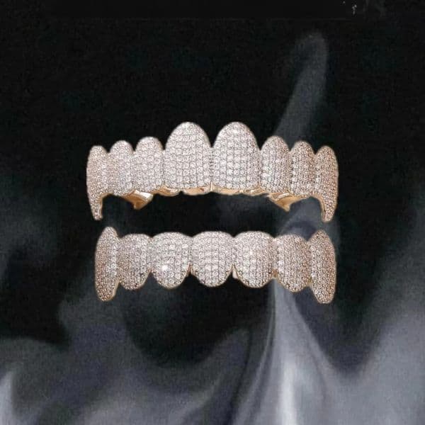 YOUNGX Hip Hop 8/8 Full Iced Out CZ Stone Teeth Top Bottom Zircon Tooth Caps For Women Men Body Jewelry Cosplay Fangs 250506