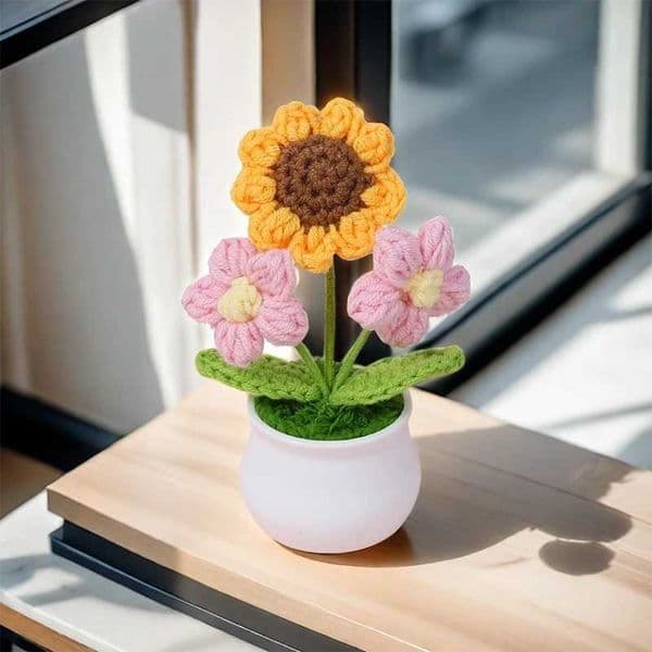 Artificial Sunflower Crochet Flowers Hand-knitted Flower Potted Finished Woven Flowers Pot Graduation Birthday Party Gift Decor X2505081
