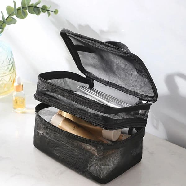 Travel 2 Layers Cosmetic Organizer Bag Transparent Folding Mesh Zipper Storage Pouch Large Capacity Makeup Wash Kit Bag 250428