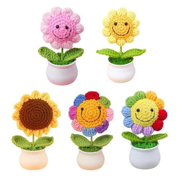 1 Piece Creative Artificial Flowers Cute Crochet SunFlower Pots Knitted Flower Graduation Flower Car Home Decoration Gift X250508