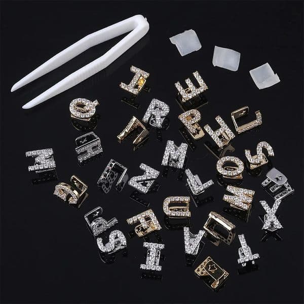 26 Letter CZ Teeth Caps Cubic Zircon Iced Out Micro Pave Top Charm Grills For Men Women Hip Hop Jewelry Cosplay Gift 250506