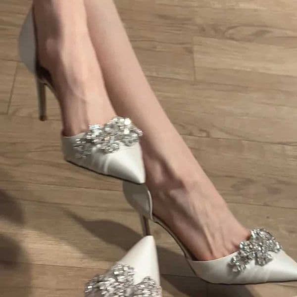 New Pointed Head Shallow Mouth Versatile White High Heels Niche Wedding Shoes Womens Rhine Satin Hollow Stiletto ShoesXJ250508