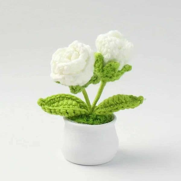 Crochet Rose Flower Cute Handmade Flower Potted Creative Artificial Plants Flores Crochet Desktop Car Decor X2505081
