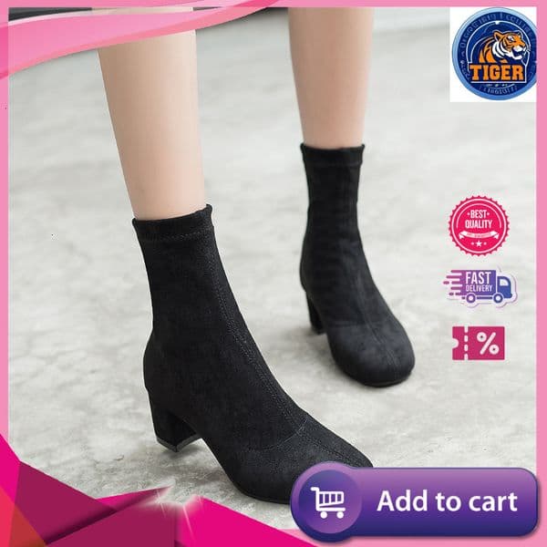 Ddmytiger Autumn Winter New Suede Leather Square Headed Casual Short Thick Middle Heel Elastic Cloth Boots Chinese Brand Shoes F Outdoor Shoes
