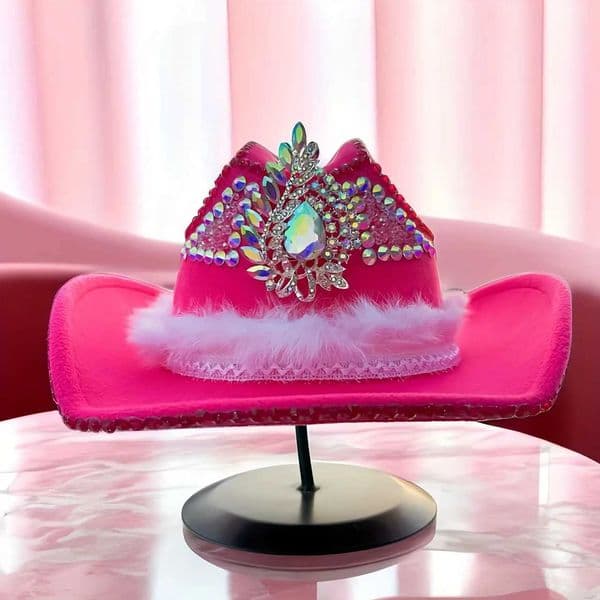 A pink feather glow-in-the-dark rhinestone party cowboy hat for everyday bachelorette party bar adult party ladies partyXJ250509