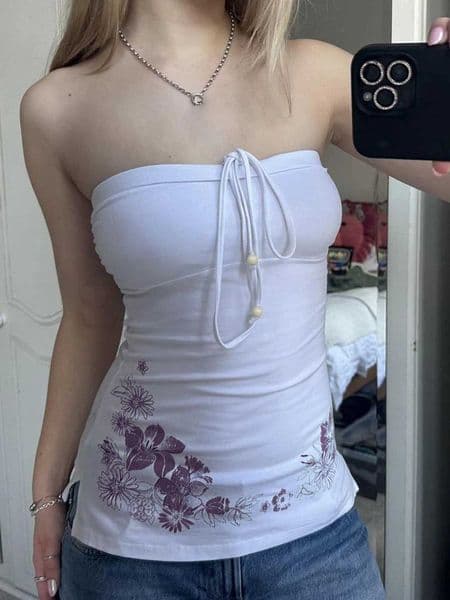 Cuteandpsycho sexy bow sleeveless solid Camisol print white summer chic retro strapless top tight womens dressXJ250508