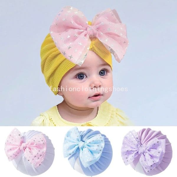 0-2Y Mesh Bow Baby Girls Turban Beanie Newborn Hairbow Bonnet Cap Bebes Cute Star Printed Bowknot Hats for Infantil Headgare