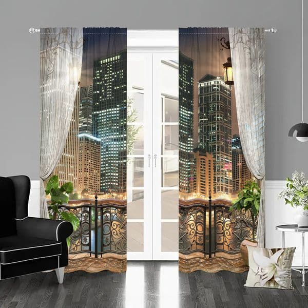 2Pcs, Prosperous City, Bustling Night View Window Curtain Drapes Living room Bedroom Kitchen Door Office Home Decor, Rod Pocket, Suitable For All Seasons.
