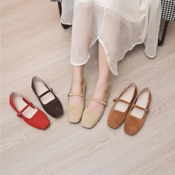 Mary Jane Shoes Women Flat Spring Shoes Female Genuine Leather Square Head Non-slip Large Size Ballet Shoes Women