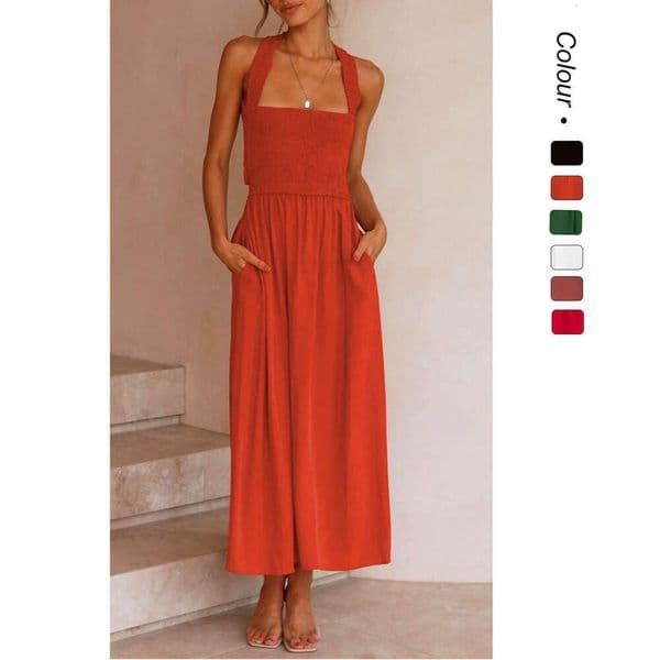 European American summer sexy backless solid color cotton linen one-piece collar suspender dress new style chic and elegant clothing