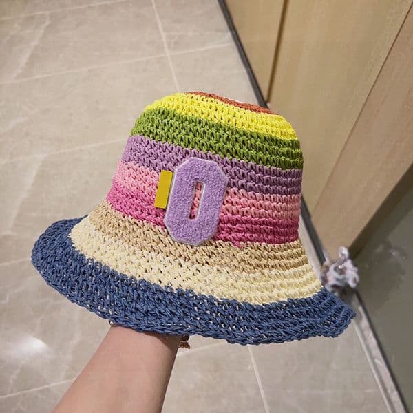 Stylish Rainbow Striped Straw Bucket Hat Summer Contrast Color Crochet Hat Foldable Woven Hats With Letter Logo