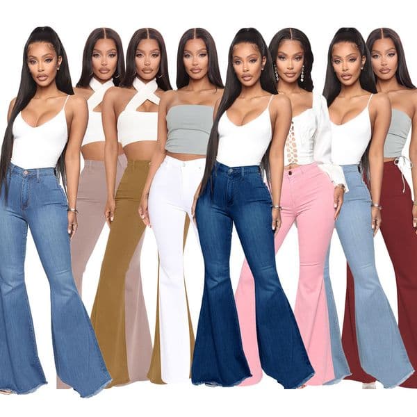 Hsf2599 fashion high waist versatile slim elastic denim flared pants 250512BJ