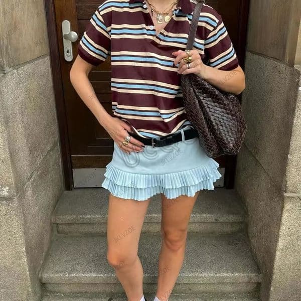 Summer Womens Striped Printed Polo Shirt Short Sleeve Lapel Tees Ladies Clothes Casual Oversized Loose Streetwear Y2K Tops 250513BJ