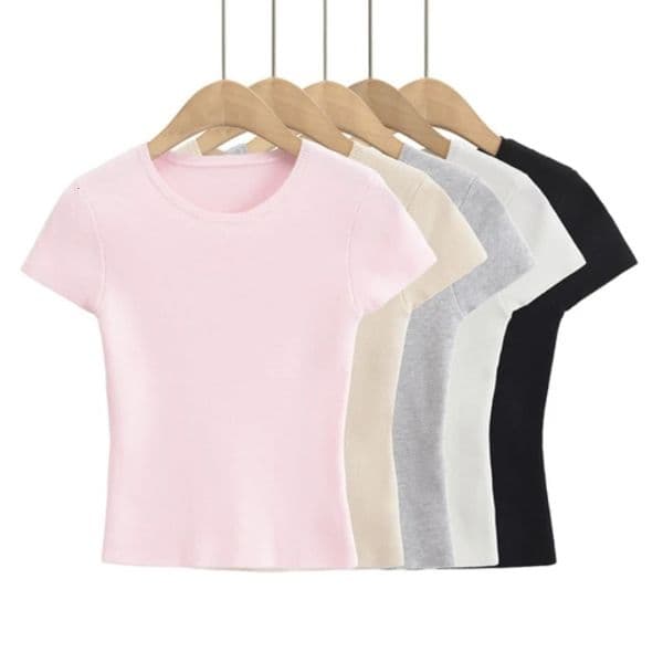 Womens Short Sleeve Crop Top Solid Slim Fit Crew Neck Tee Basic Skinny Knit Tight Athletic Casual Workout Yoga Tshirt 250513BJ