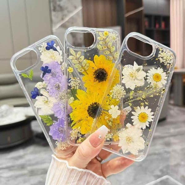 16E Real Dry Flower Pressed Foil Soft TPU Cases For Iphone 17 Air 16 15 14 13 Pro MAX 12 11 XR XS X 8 7 6 Plus Dried Chrysanthemum Hard Acrylic PC Clear