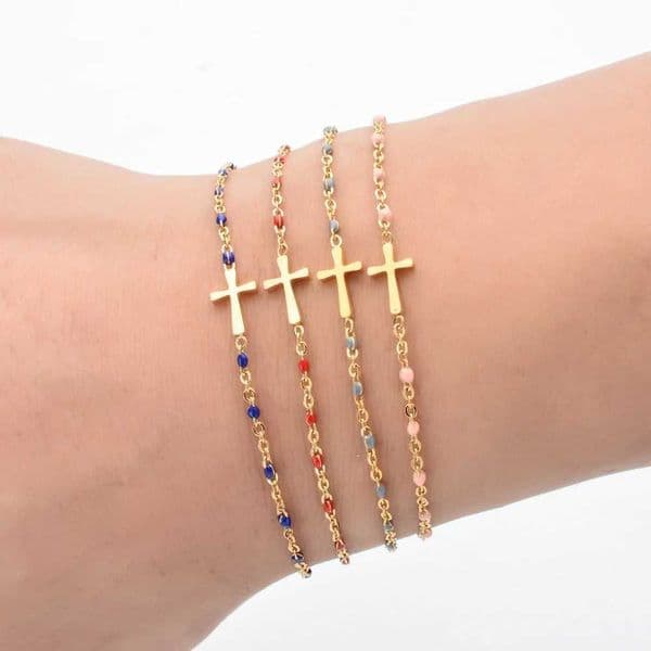 Enamel Thin Stainless Steel Chain Cute Cross Charm Bracelet for Women Wedding Party JewelryXJ250513