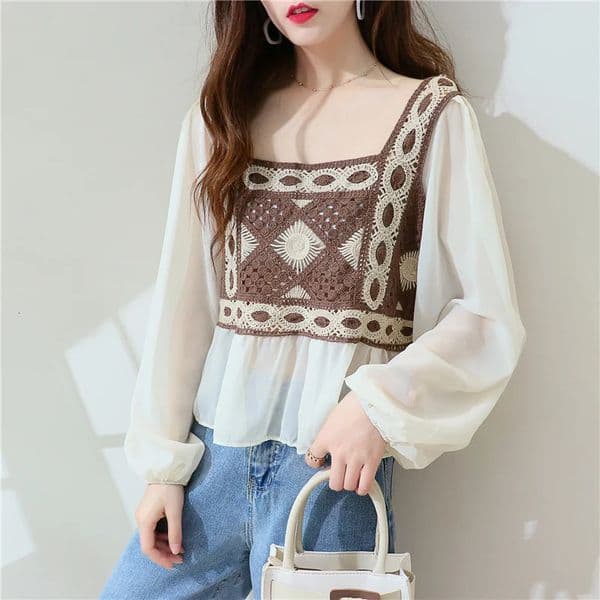 Women Blouse Crochet Knit Square Neck Chiffon Sleeve Geo y Crop Tops Summer Teengirls Fairycore Cottagecore Outfit 250514BJ
