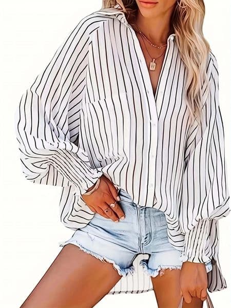 Womens Plus Size 1XL5XL Button Long Sleeved Shirt Vneck Striped Top Casual Fashion Breathable 250514