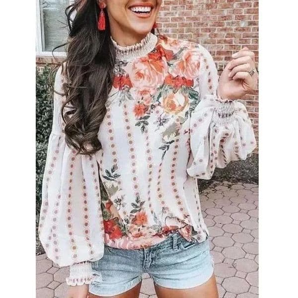 Printed Woman Shirt Sweet Blouse Spring Autumn Fashion Lantern Sleeve Top 250514BJ