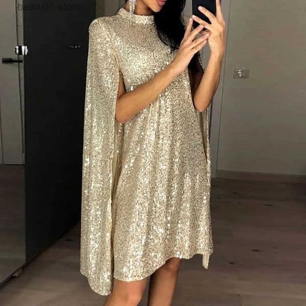 Sexy Party Sequin Glitter Dress For Women O Neck Sequins Cloak Slves Dresses Elegant Woman Dress 2025 T250514