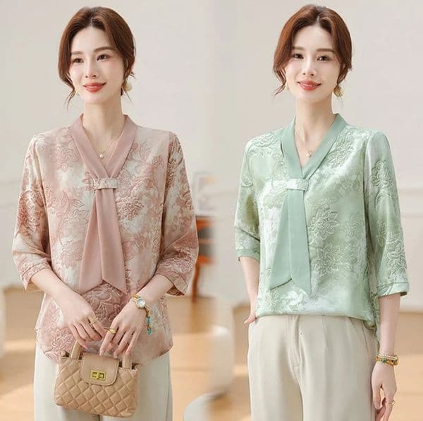 Fashion Printed Spring and Autumn shawl collar Womens Floral Checked Mid Sleeved Loose Chiffon Tops 250514