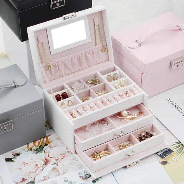 Leather-Lined Triple Layered PU Organizing Case for Necklaces & Rings with Secure Lock