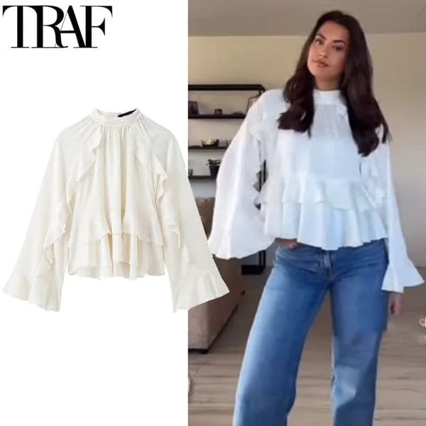 TRAF Womens Blouses Cropped Ruffle Blouse Long Sleeve Top Ruched Summer Plain Shirts Layered Beautiful 088 250514