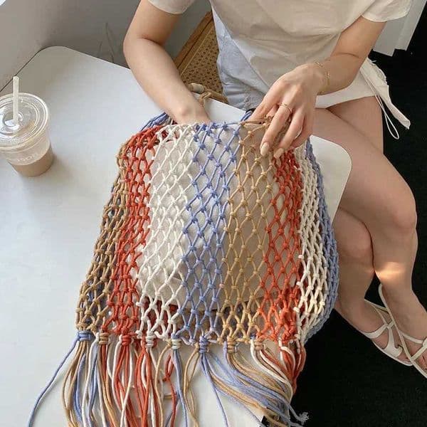 Bohemian Tassel Fishnet Women Shoulder Bags Colorful Rope Woven Lady Handbags Handmade Hollow Summer Beach Bag Large Tote Purses Z250514