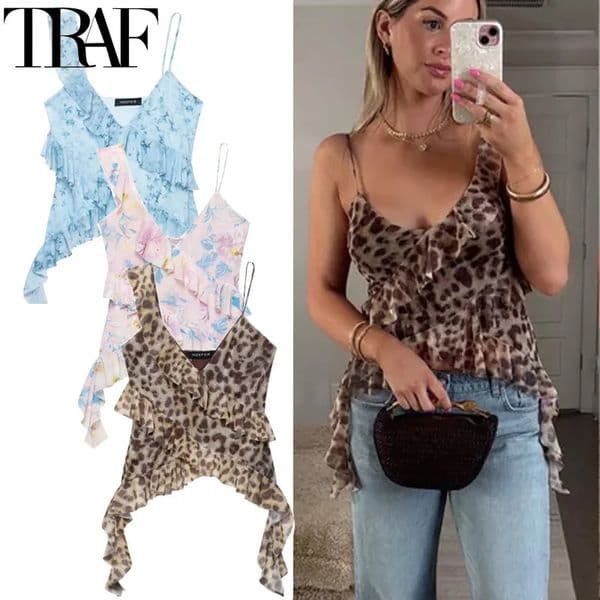 TRAF Leopard Crop Tops For Women Ruffle Sleeveless Printed Summer Backless Tulle Camisole Top Woman Sexy Asymmetrical 250515BJ