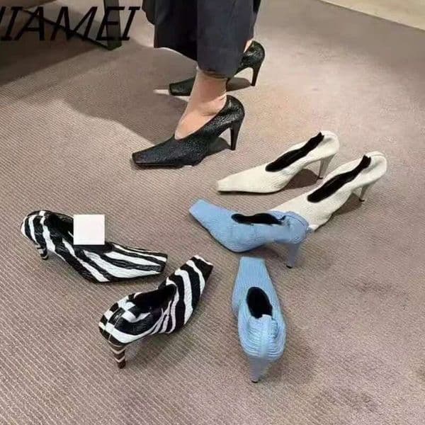 2025 Square Head Early Spring New Fine Zebra-Print Soft Leather Pleated Elastic Witch High Heel Deep Mouth Granny Shoes Z260527