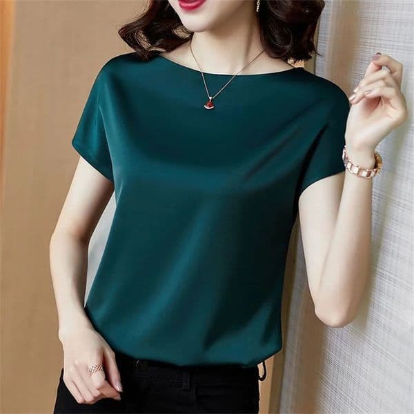 Office Lady Tops Summer Short Sleeve O-Neck Blouses Satin Blouse Women Shirts Simple Solid Casual Loose Shirt Blusas DF4904 250514