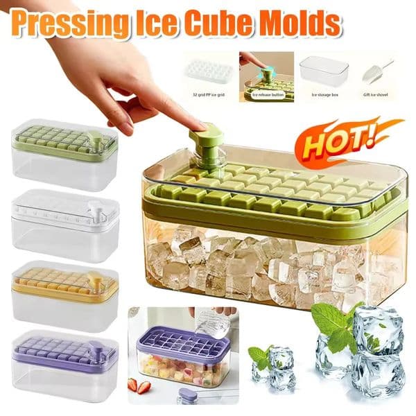32 Grid Press Type Ice Cube Tray Silicone Maker Mould With Lid Shovel Storage Box One Button Easy Release DIY Tool 250515