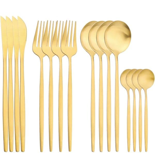16Pcs Gold Stainless Steel Cutlery Set Knife Fork Spoon Dinnerware Matte Tableware Set Wedding Birthday Silverware Dinner 250515