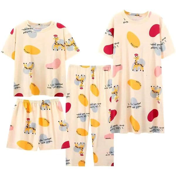 Summer Ladies Pajamas FourPiece Homewear Loose ShortSleeved Pajama Skirt Set Cartoon Shorts 250516