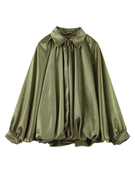 Elegant Green Suede Jacket Women Long Puff Sleeve Lapel Zipper Loose Jackets 2025 Spring Autumn Street Pleated Short Outwear 250515