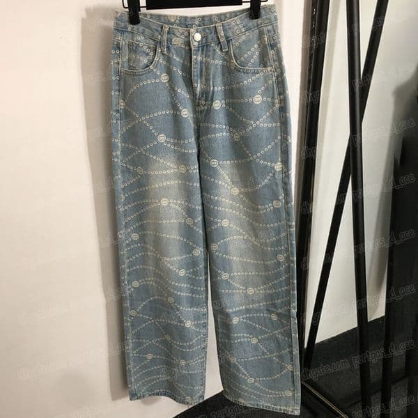 Luxury Printed Jeans Women Designer Vintage Washed Denim Pants Street Style Birthday Straight Jean Trousers