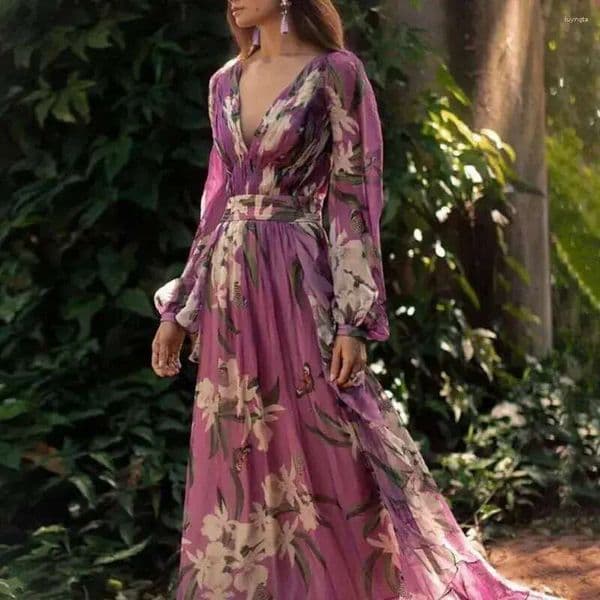 Casual Dresses Women Maxi Dress Low-cut Deep V Neck Tight High Waist Flower Print Lantern Sleeve Big Hem Soft Vintage Fall Spring designer bag