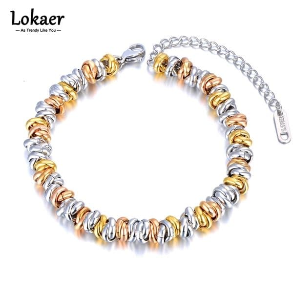Lokaer Trendy There Gold Color Stainless Steel Round Circle Beaded Bracelets Jewelry For Women Girls pulseras B23027 250512
