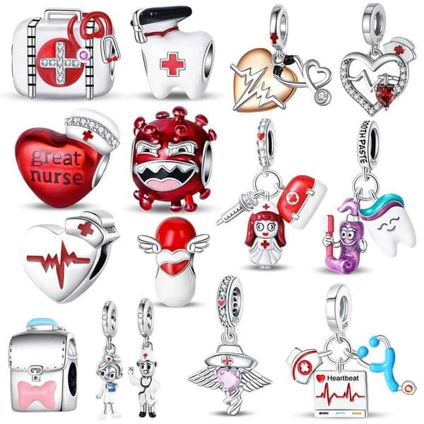 925 Sterling Silver Doctor Nurse Hat ECG Bacteria Pills Medical Kit Teeth Dangle Charm Fit Brand Bracelet Medical jewelryXJ250517