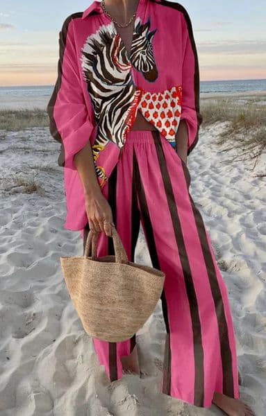 Summer Women Casual Print Two-piece Set Clothing Seaside Tropical Vacation Style Printed Lapel Shirt Wide-leg Trousers Set 250516