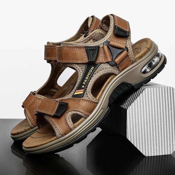 Mens Sandals Premium Leather Open Toe Beach Shoes Summer Adjustable Comfy Sports Sandals with Air Cushion Outdoor Hiking Shoes 250515BJ