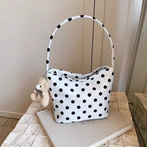 Korean Womens Polka Dot Underarm Shoulder Bag Large Capacity Canvas Handbag Fashion Polka Dot Bucket Bag Female Bag With Pendant W250517