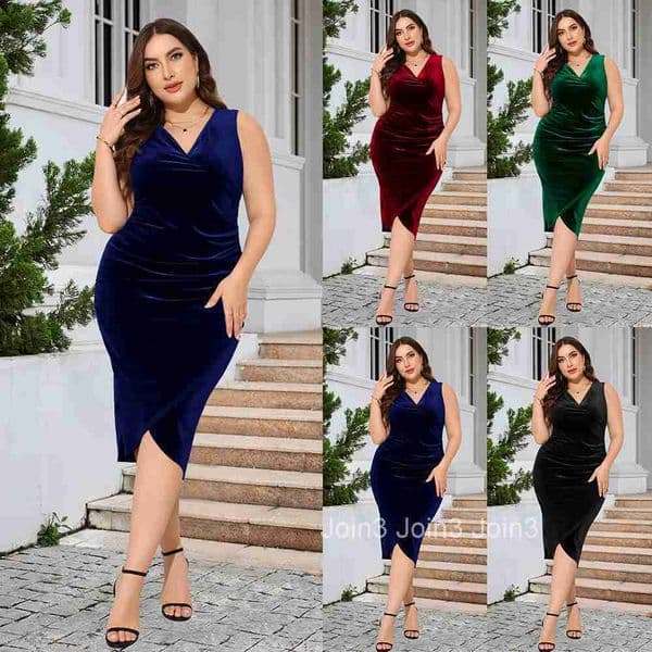 Womens Plus Size Long Sleeve Velvet Skinny Dress Sexy Pleated Wrap Deep V-neck Style