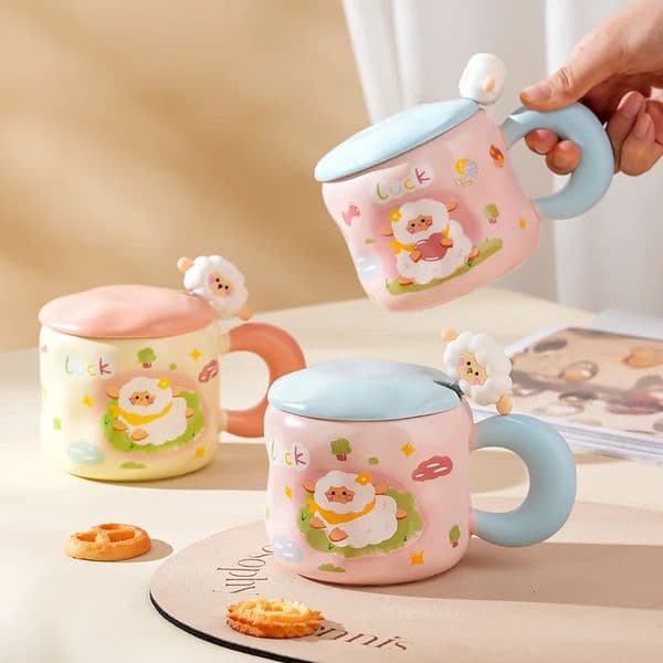 Creative Cartoon Lamb Ceramic Cup Cute Mug with Lid and Spoon Ins Style Mug Household Water Cup Office Coffee Cups 250516