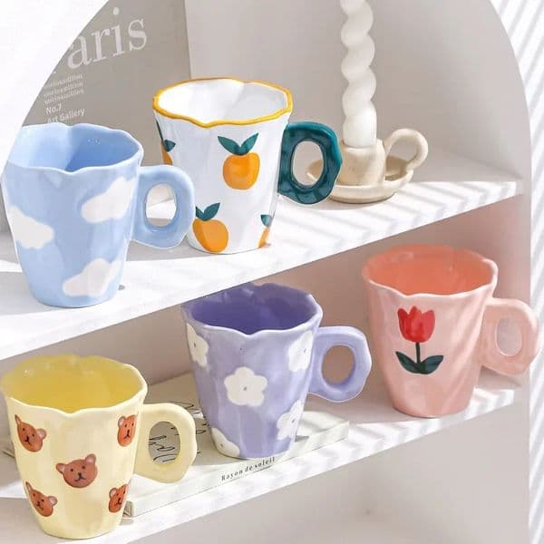 Hand Painted Mug Flower Pattern Ceramic Cups Breakfast Oats Coffee Cup Household Office Bar Tableware Holiday Birthday Gifts 250516