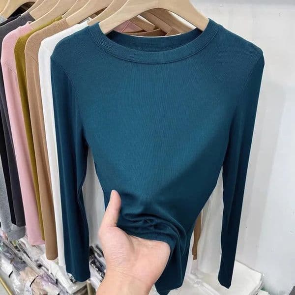 Autumn Office Lady Basic O-Neck Slim T-Shirt Women Solid Multi Color All-Match Trend Casual Top Screw Thread Long Sleeve Elastic250514BJ