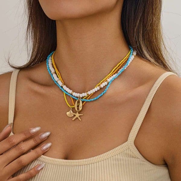 4pcs Ethnic Bohemian Beaded Necklace for Kids Girls Shell Starfish Design with Colorful Beads Jewelry Accessory Free delivery